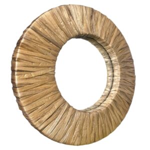 Round decorative mirror with golden textured frame and layered design.