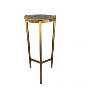 Ръчно изработена помощна маса от вкаменено дърво с полиран фосилизиран плот и златиста метална основа