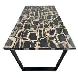 Petrified wood and resin dining table with mosaic fossil wood pattern and modern metal base